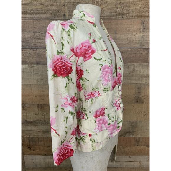 Vintage Y2K Banana Republic Rose Print Fitted Jacket Sz 8 Linen Cotton Coquette - Picture 5 of 13